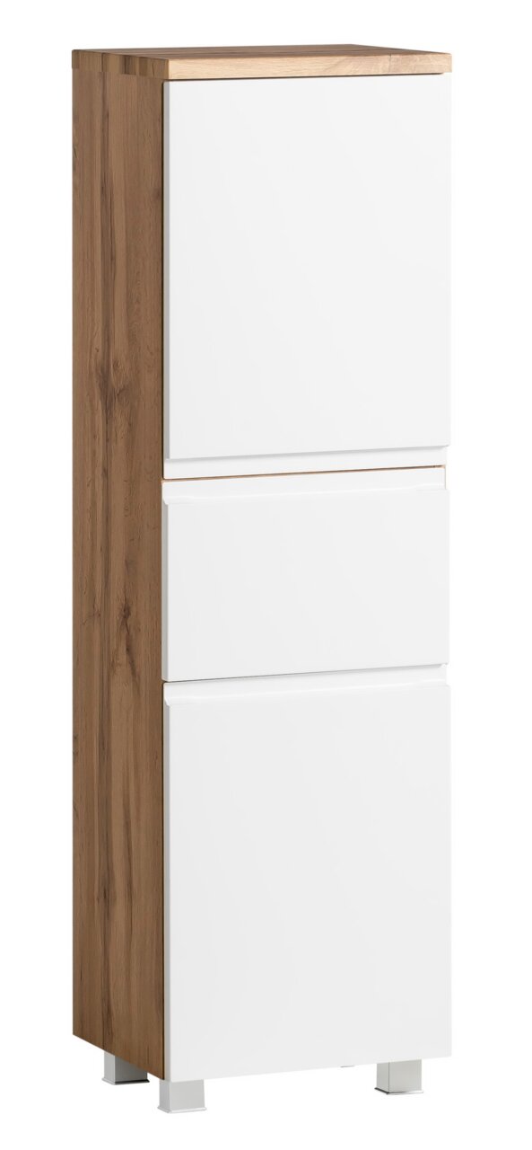 Moderner Midischrank mit weißer Front und Holzseitenansicht, perspektivisch von vorne links fotografiert.