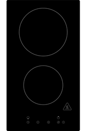 Schwarzes, zweiflammiges Induktionskochfeld mit zwei runden Kochzonen und Touch-Bedienfeld, Draufsicht.