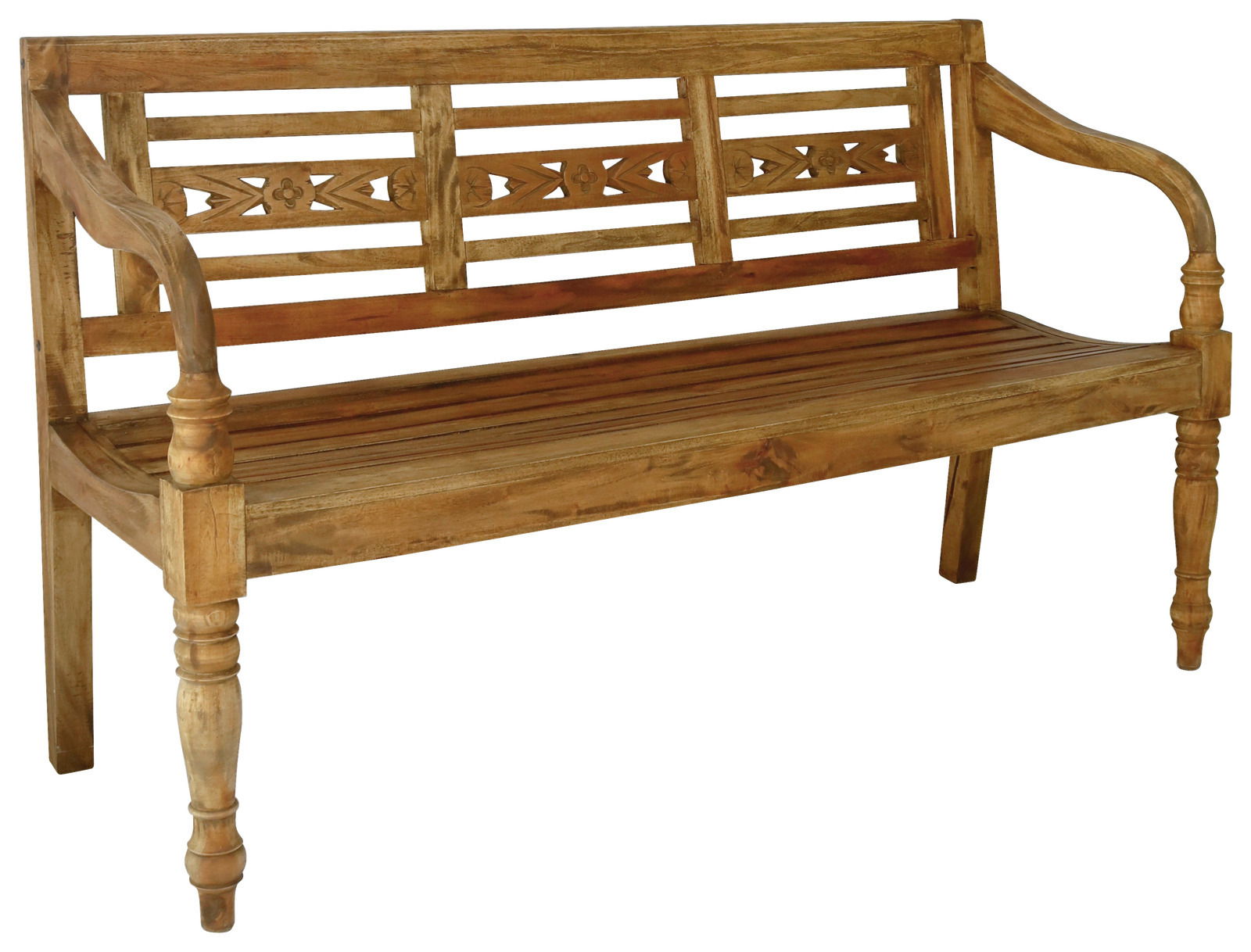 Holzgartenbank mit dekorativer Rückenlehne, seitliche Perspektive