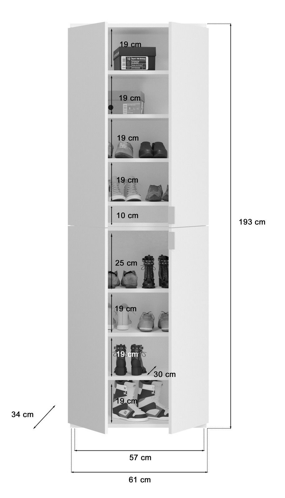 Weiße Garderobenkombination mit mehreren Fächern, gefüllt mit Schuhen und Boxen, aus frontaler Perspektive. Maße: 193 cm hoch, 61 cm breit, 34 cm tief.
