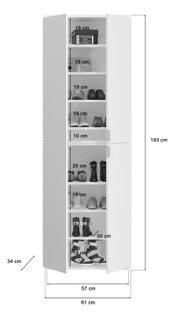Weiße Garderobenkombination mit mehreren Fächern, gefüllt mit Schuhen und Boxen, aus frontaler Perspektive. Maße: 193 cm hoch, 61 cm breit, 34 cm tief.