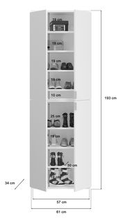Weiße Garderobenkombination mit mehreren Fächern, gefüllt mit Schuhen und Boxen, aus frontaler Perspektive. Maße: 193 cm hoch, 61 cm breit, 34 cm tief.