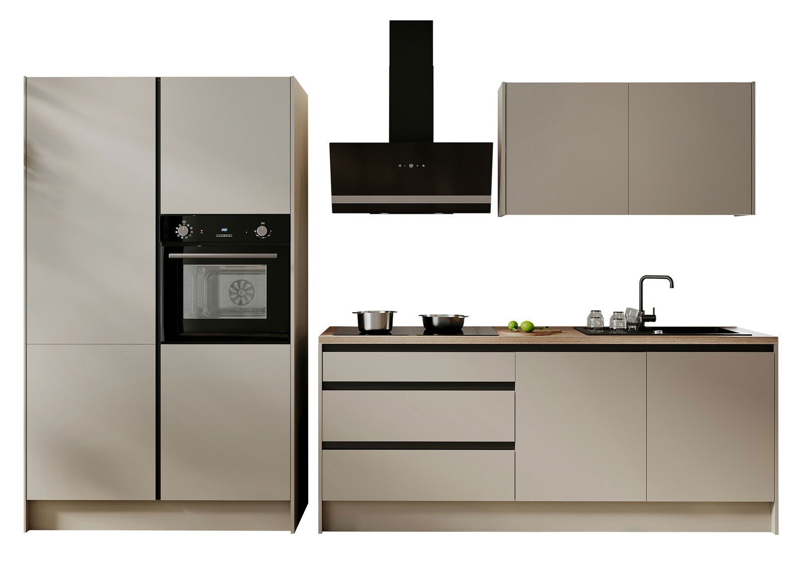 Yourkitchen Keukenblok Premium 335 TROJA Moderne Küchenzeile in neutralen Tönen mit integriertem Backofen, Dunstabzugshaube und Spüle, frontal betrachtet.