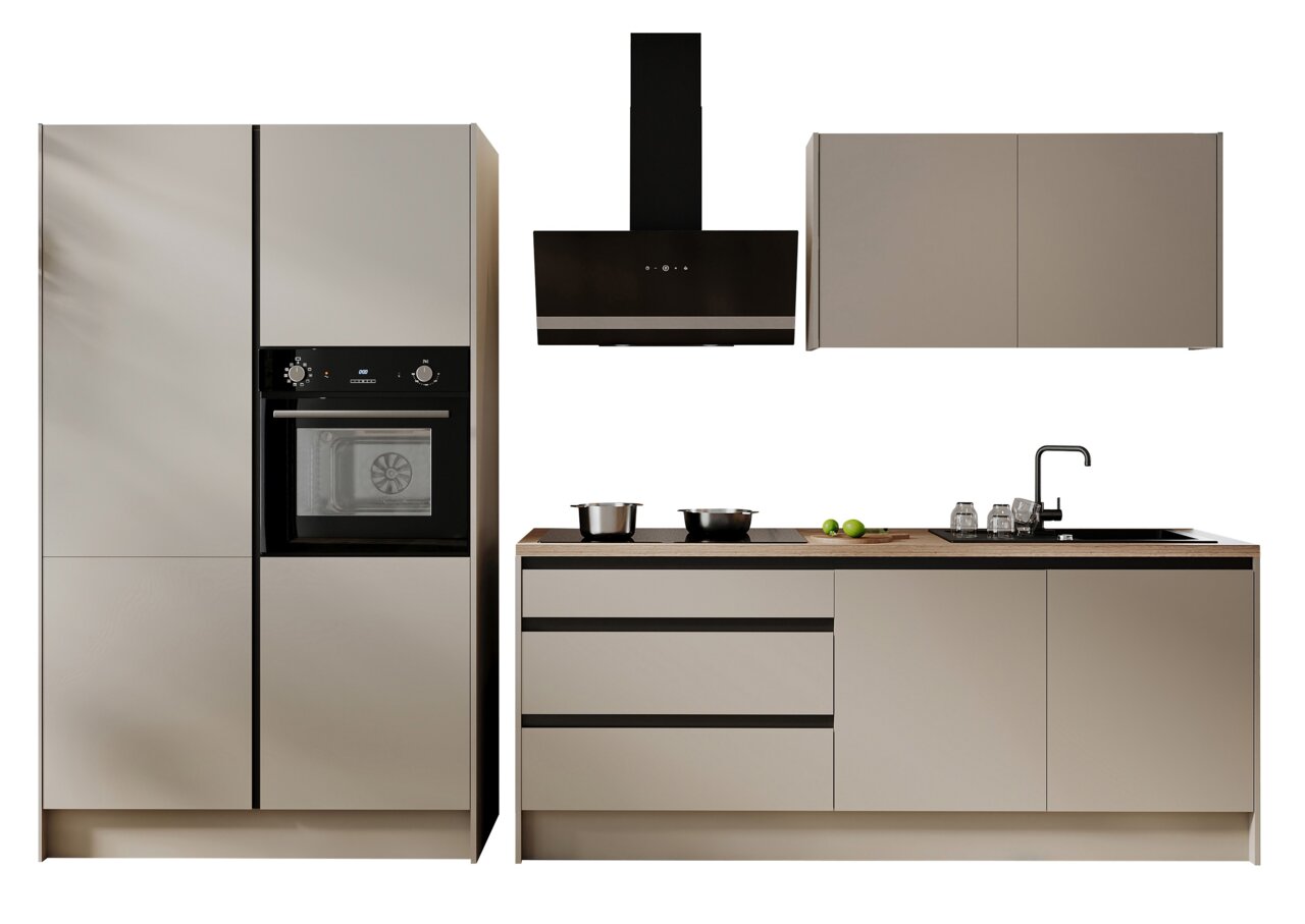 Yourkitchen Küchenblock Premium 335 TROJA Moderne Küchenzeile in neutralen Tönen mit integriertem Backofen, Dunstabzugshaube und Spüle, frontal betrachtet.