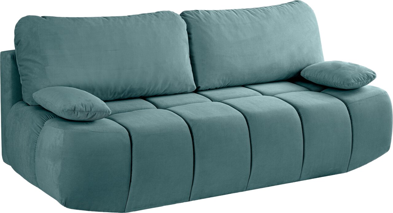 Schlafsofa in türkis aus der Vorderansicht mit zwei Kissen