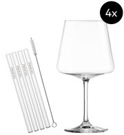 Zwiesel Glas Weinglas-Set (4x) mit vier transparenten Glasstrohhalmen und Reinigungsbürste, freigestellt auf weißem Hintergrund, Frontansicht leicht von oben.