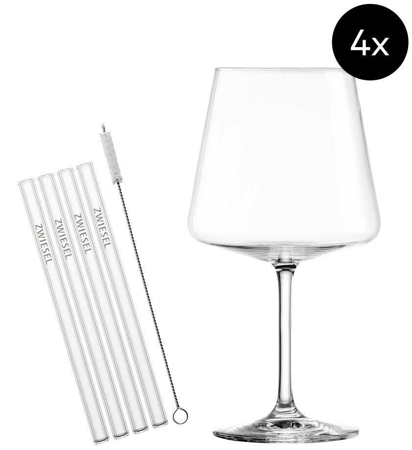 Zwiesel Glas Weinglas-Set (4x) mit vier transparenten Glasstrohhalmen und Reinigungsbürste, freigestellt auf weißem Hintergrund, Frontansicht leicht von oben.