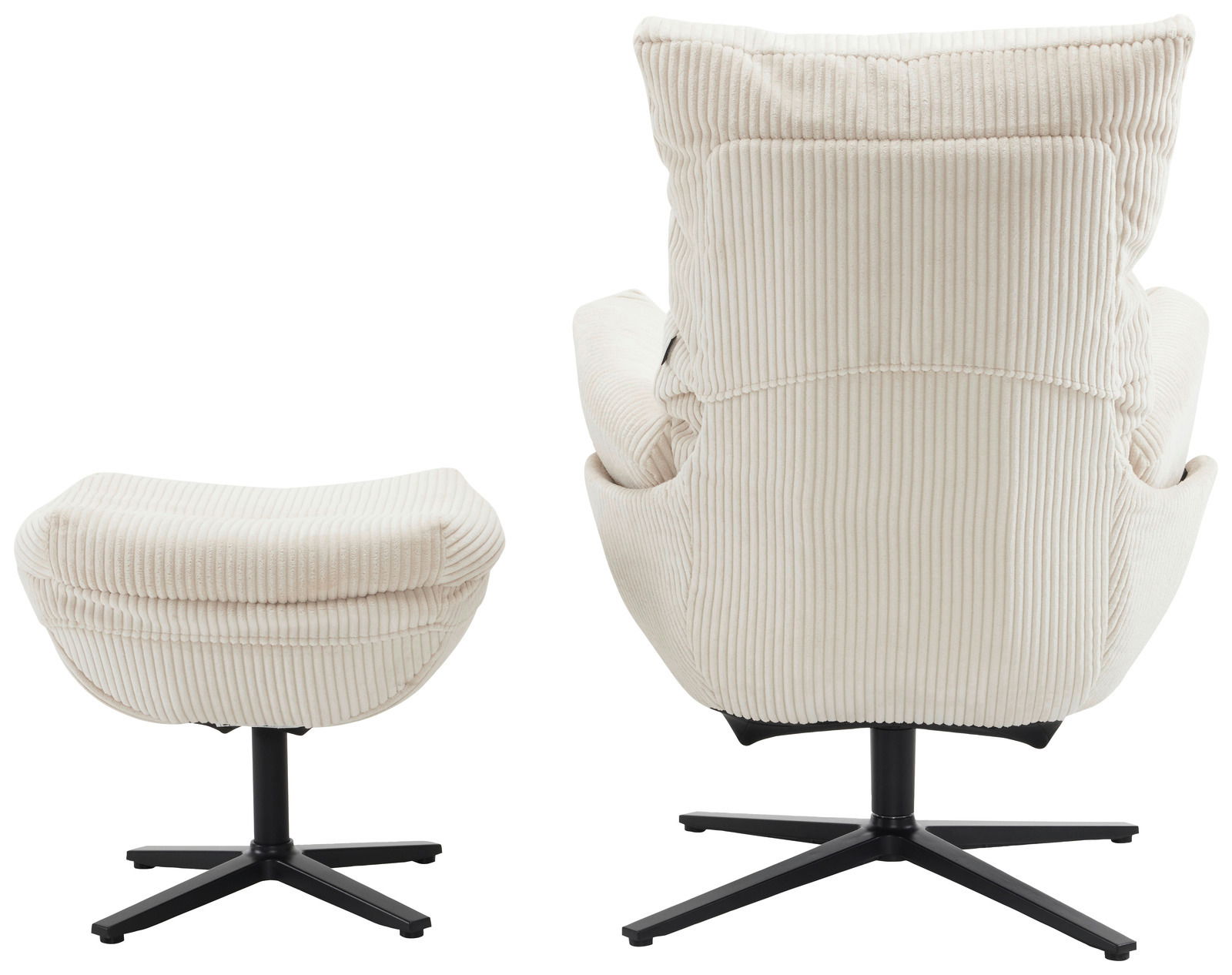 Rückansicht eines cremefarbenen Relaxsessels mit Hocker, beide mit schwarzem Metallfuß.