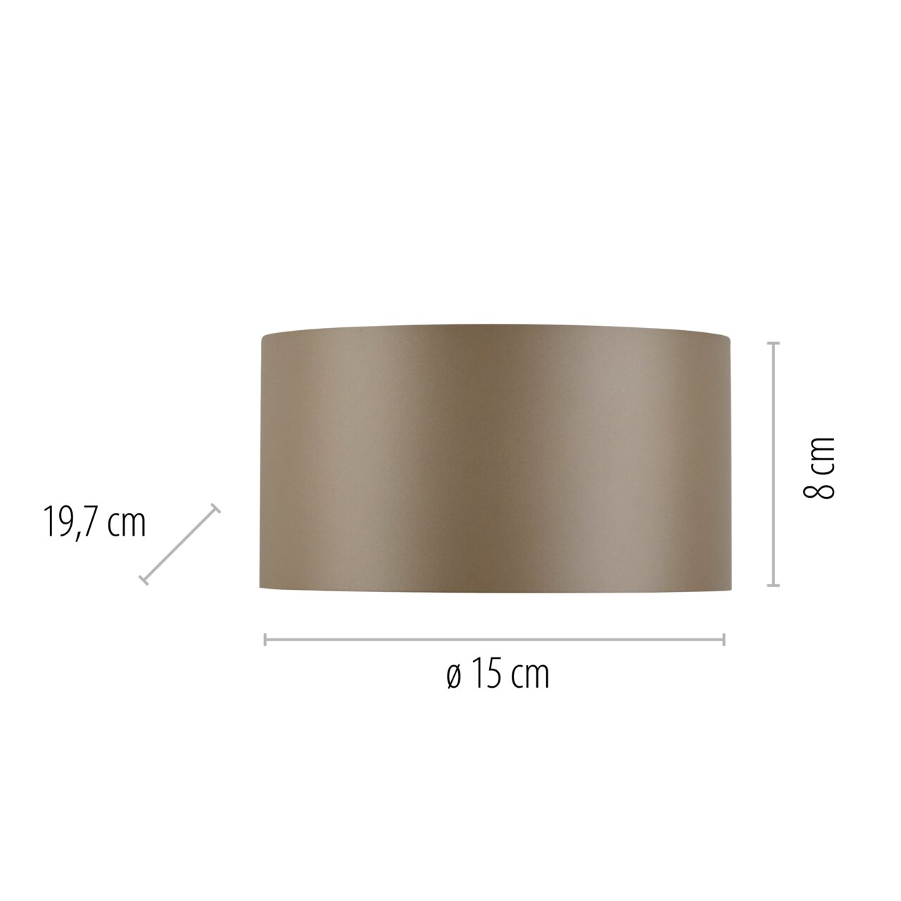 Cilindrische wandlamp PURE Clipse in zijaanzicht, met afmetingen van 19,7 cm hoogte, 15 cm diameter en 8 cm diepte.