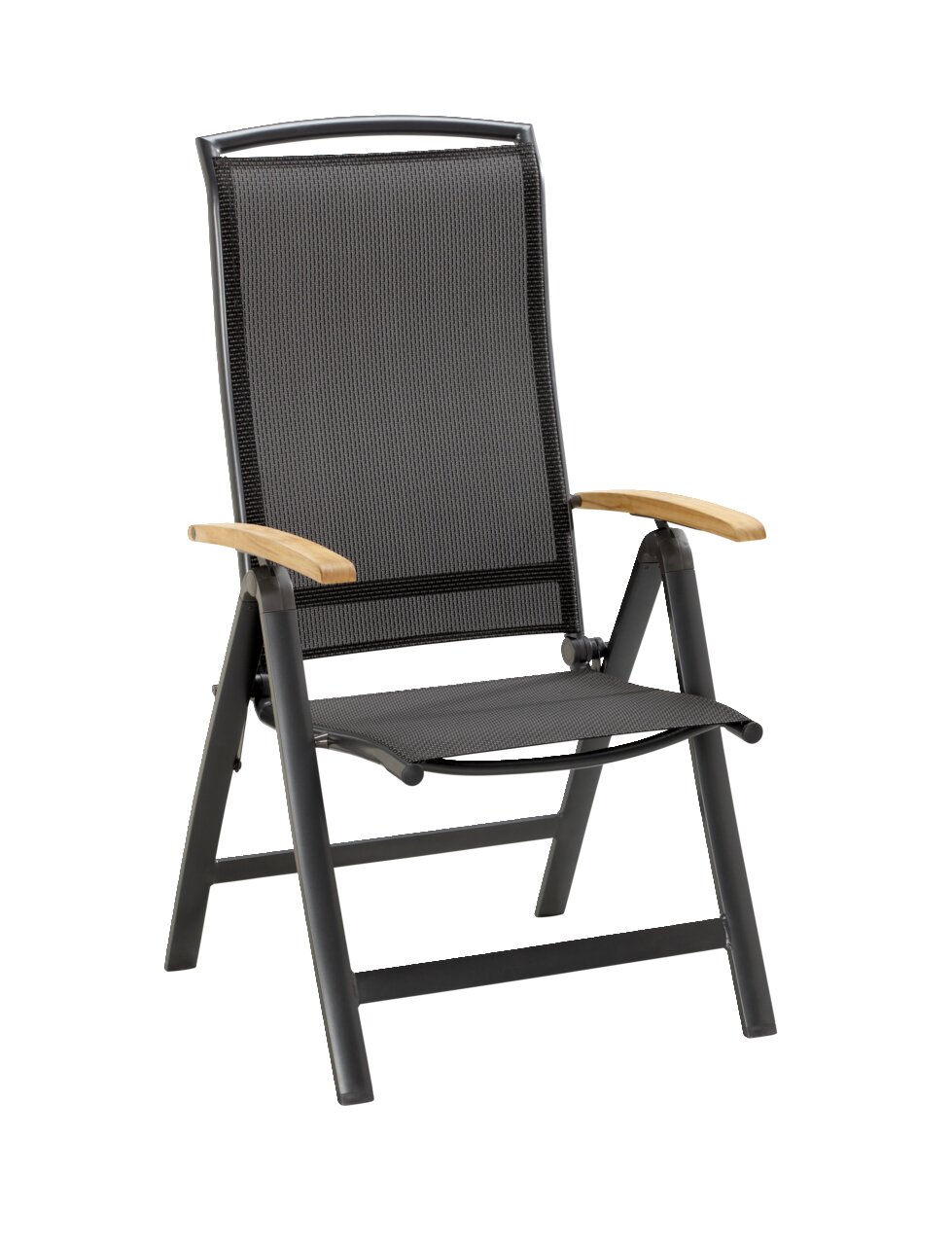 Multipositionssessel mit schwarzem Rahmen und Holzarmlehnen, seitliche Perspektive