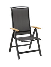 Multipositionssessel mit schwarzem Rahmen und Holzarmlehnen, seitliche Perspektive