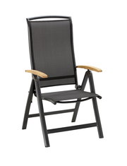 Multipositionssessel mit schwarzem Rahmen und Holzarmlehnen, seitliche Perspektive