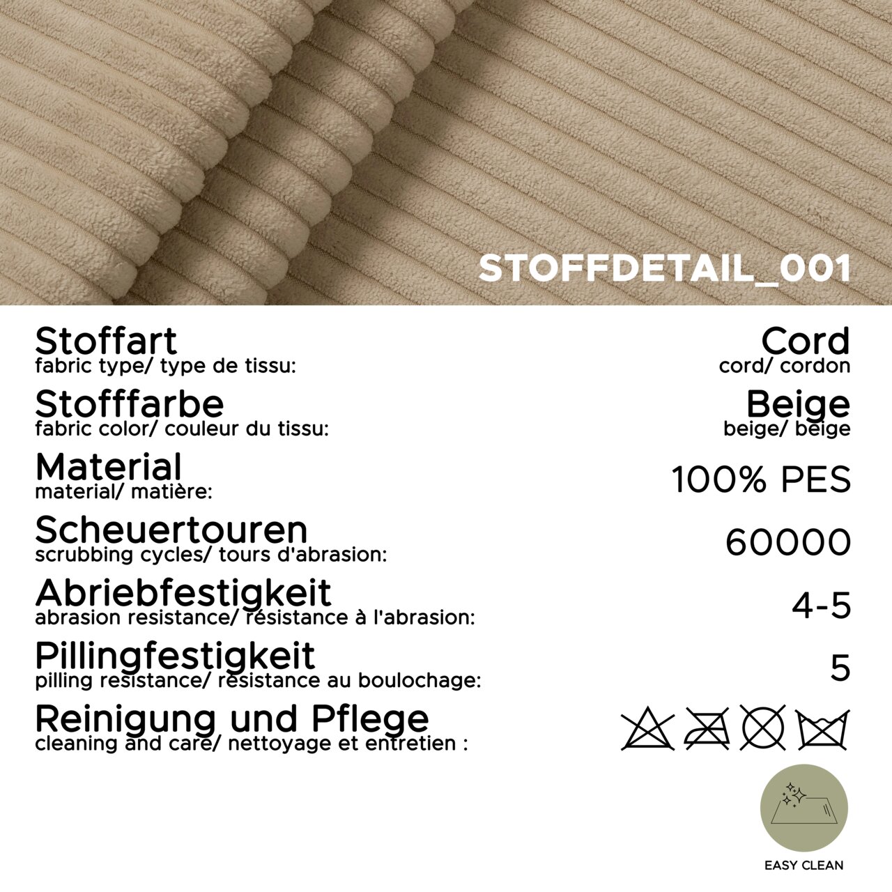 Nahaufnahme eines beigen Cordstoffs, geeignet für ein Sofa in L-Form, mit der Perspektive von oben.