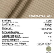 Nahaufnahme eines beigen Cordstoffs, geeignet für ein Sofa in L-Form, mit der Perspektive von oben.