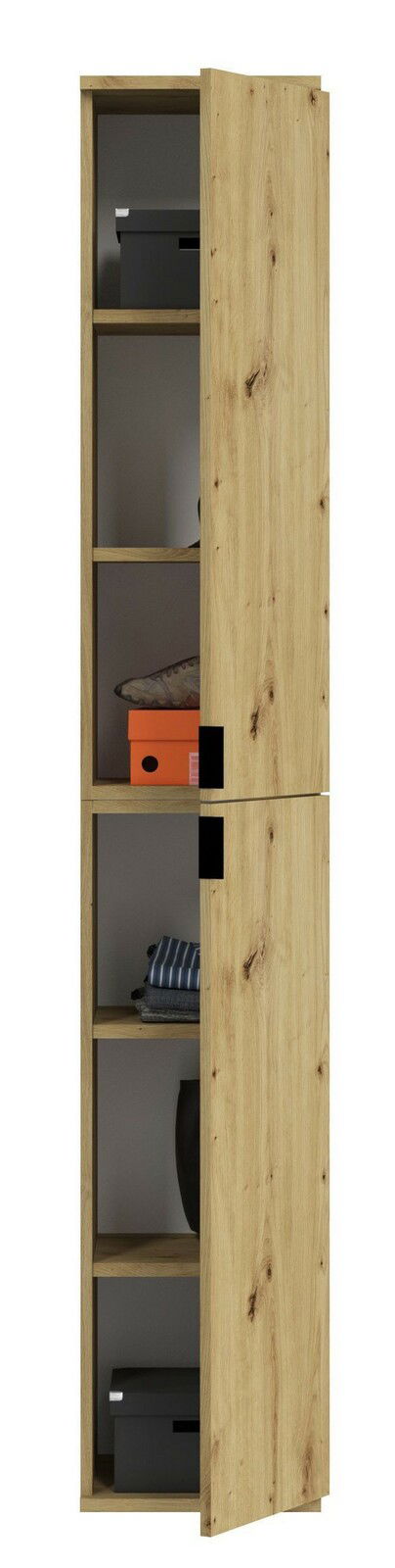 Holzschrank mit geöffneter Tür, zeigt Regale mit Boxen und Kleidung, Frontalansicht