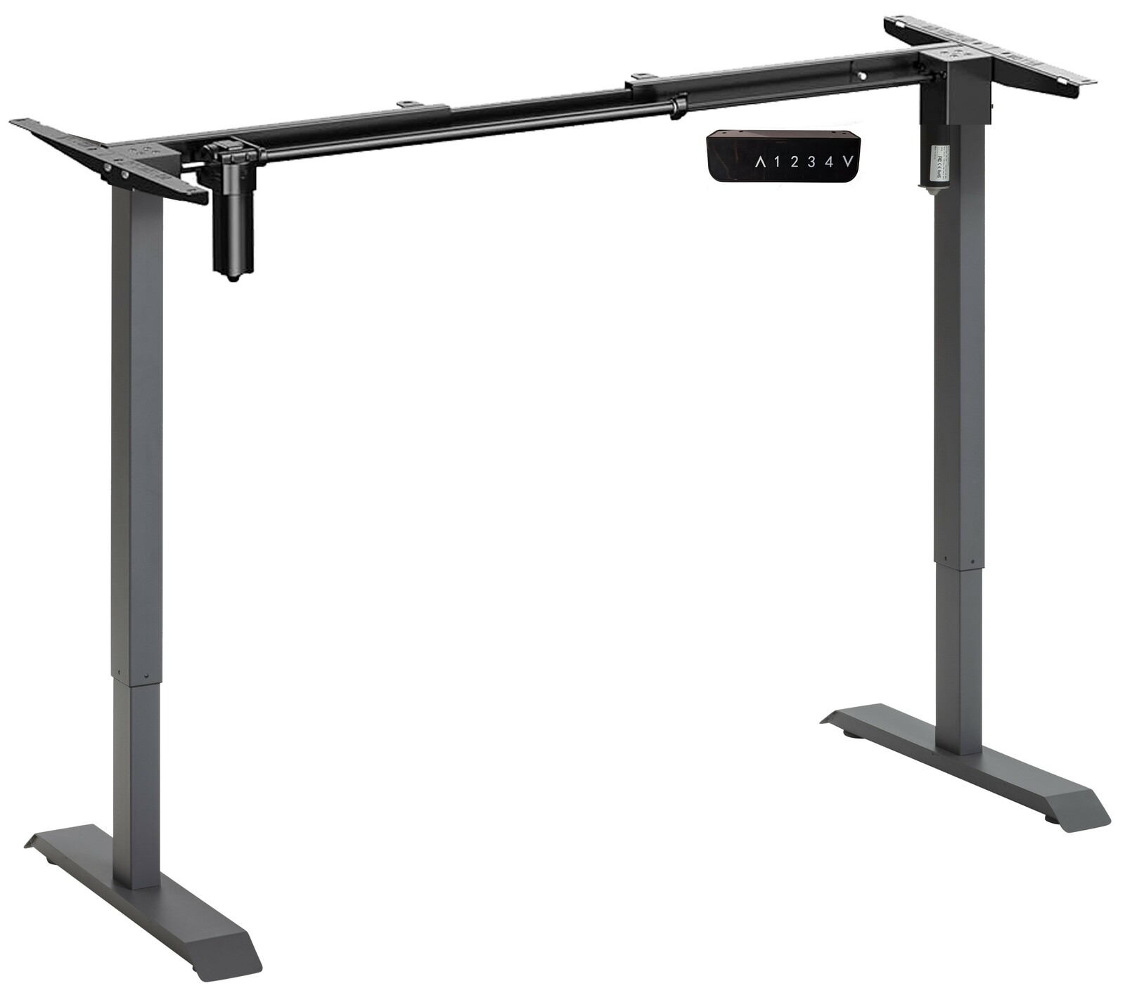 Elektrisches Fußgestell in seitlicher Perspektive, geeignet für höhenverstellbare Tische.