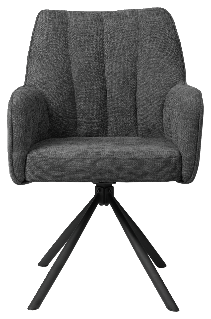 Grauer Armlehnstuhl mit schwarzem Metallgestell, Frontalansicht