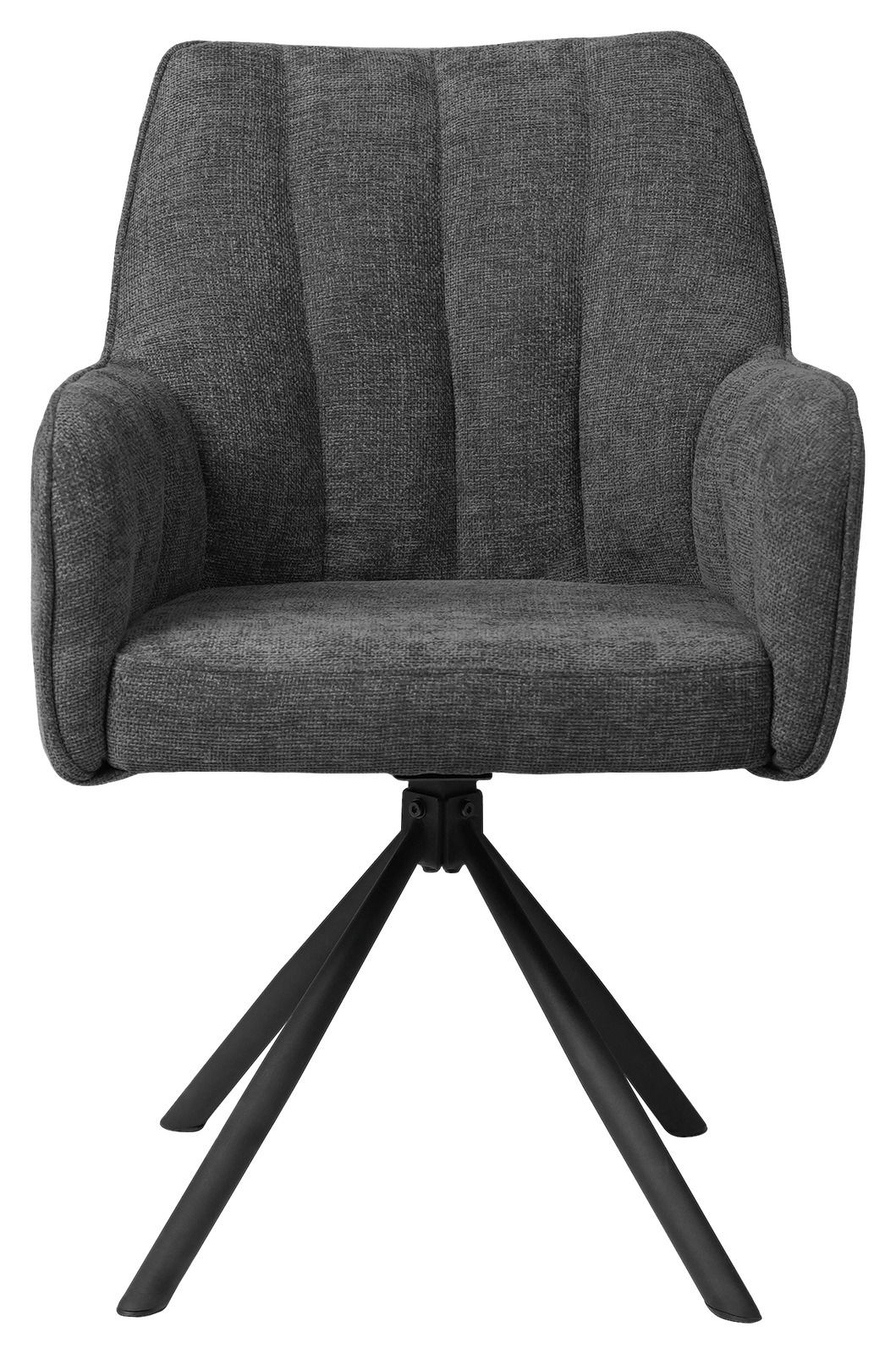 Grauer Armlehnstuhl mit schwarzem Metallgestell, Frontalansicht