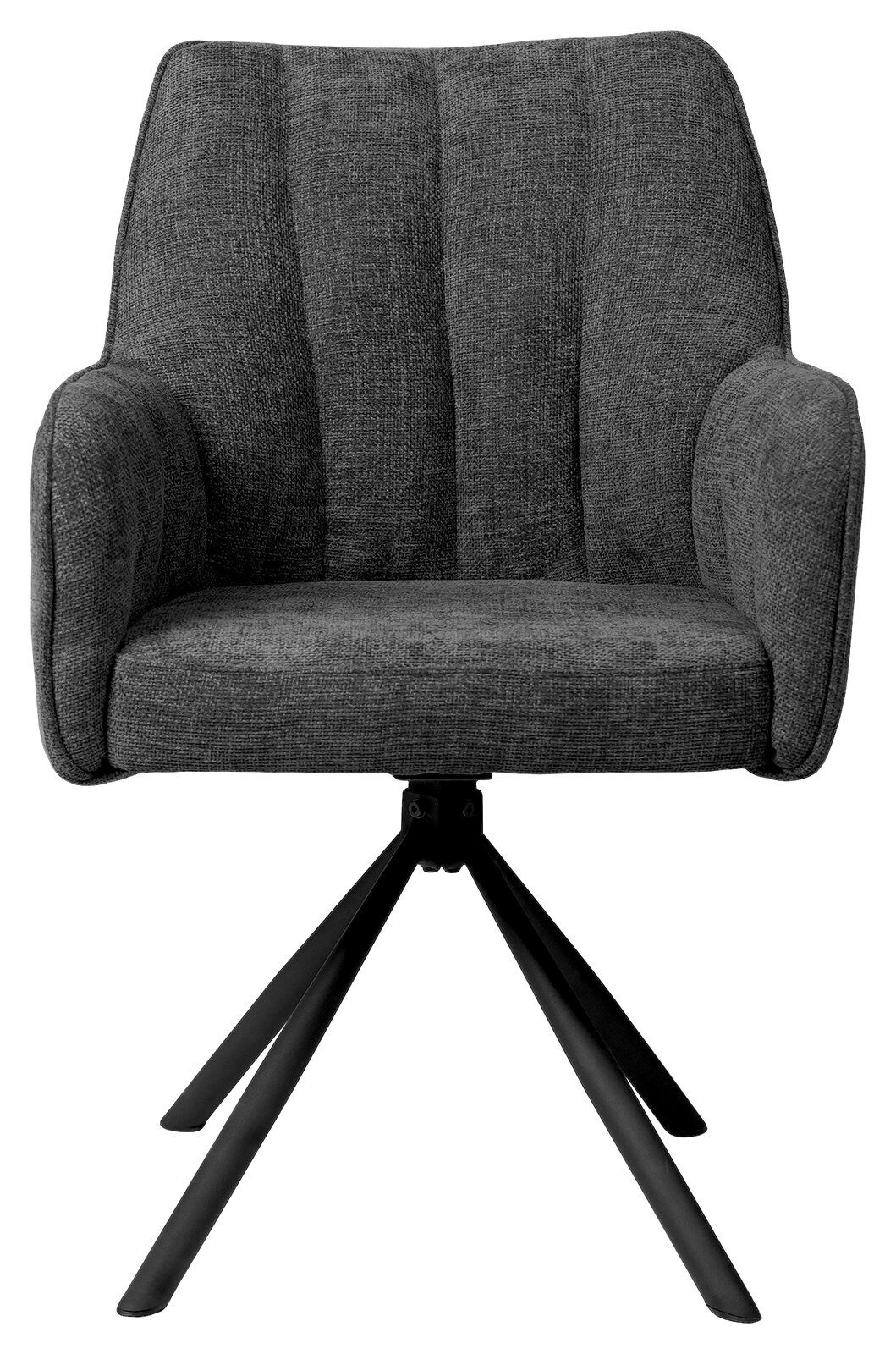 Grauer Armlehnstuhl mit schwarzem Metallgestell, Frontalansicht