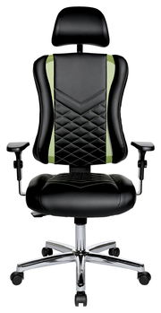 Frontansicht eines schwarzen Gaming-Stuhls mit grünen Akzenten, verstellbaren Armlehnen und Kopfstütze.