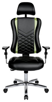 Frontansicht eines schwarzen Gaming-Stuhls mit grünen Akzenten, verstellbaren Armlehnen und Kopfstütze.