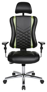 Frontansicht eines schwarzen Gaming-Stuhls mit grünen Akzenten, verstellbaren Armlehnen und Kopfstütze.