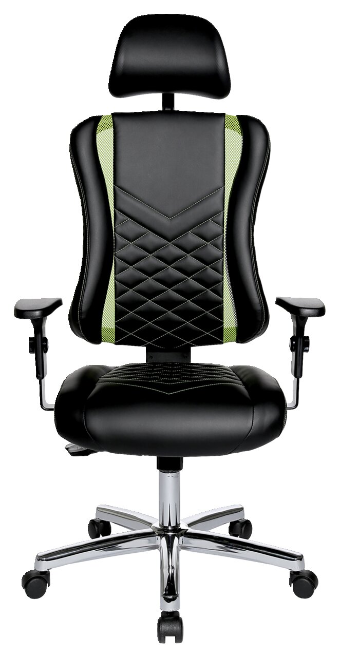 Vooraanzicht van een zwarte gamingstoel met groene accenten, verstelbare armleuningen en een hoofdsteun.