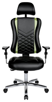Frontansicht eines schwarzen Gaming-Stuhls mit grünen Akzenten, verstellbaren Armlehnen und Kopfstütze.