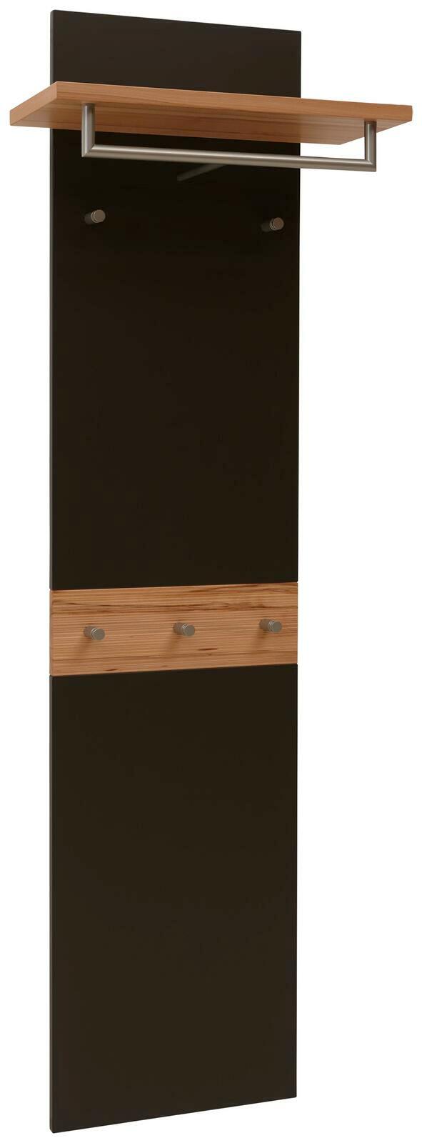 Garderobenpaneel in schwarzer Farbe mit Holzablage und Haken, seitliche Perspektive