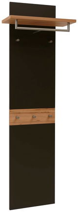 Garderobenpaneel in schwarzer Farbe mit Holzablage und Haken, seitliche Perspektive