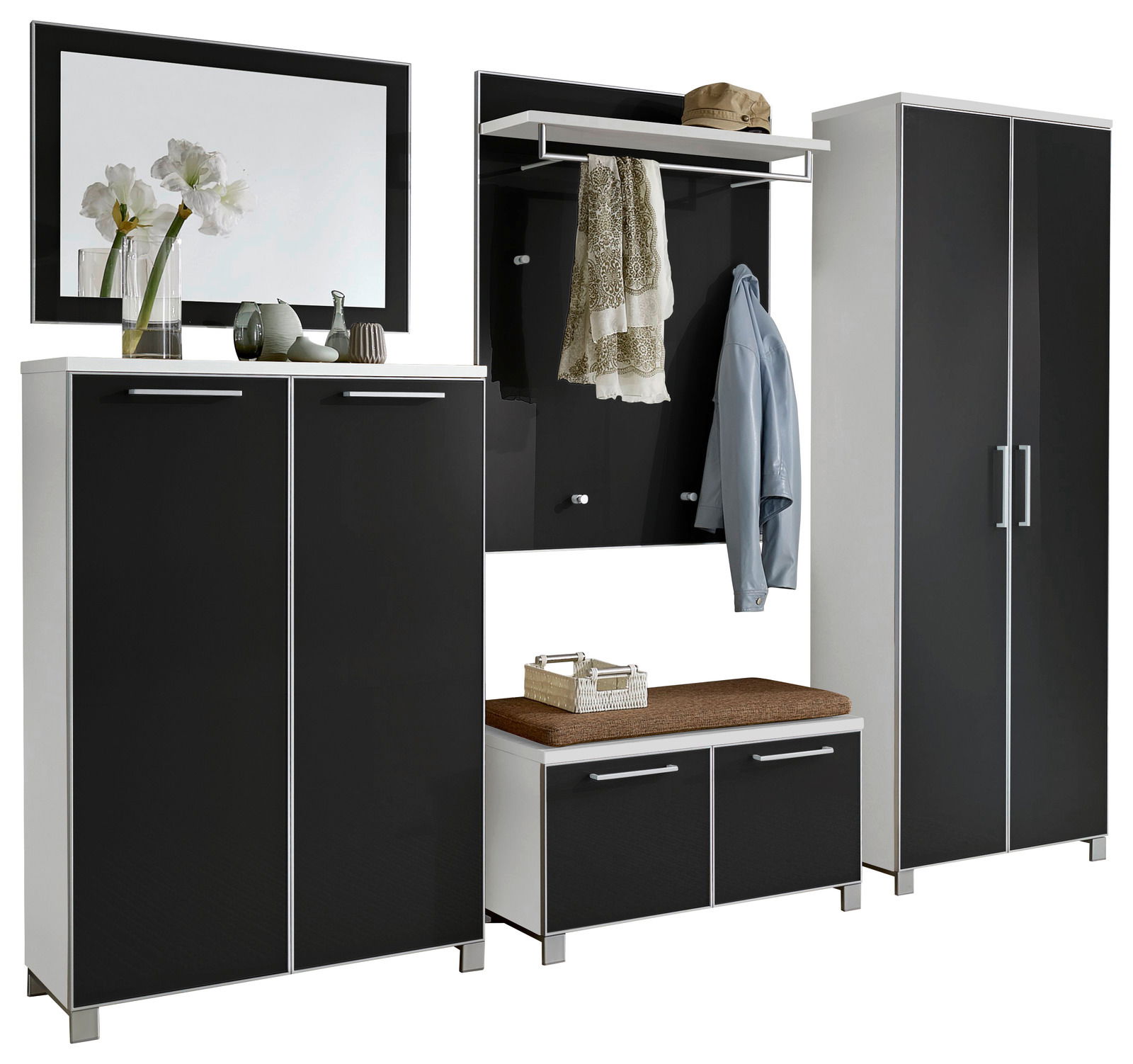 VOSS Garderoben-Set 6-tlg. SANTINA Modernes Garderoben-Set in Schwarz und Weiß, bestehend aus mehreren Schränken und einer Sitzbank, frontal abgebildet.