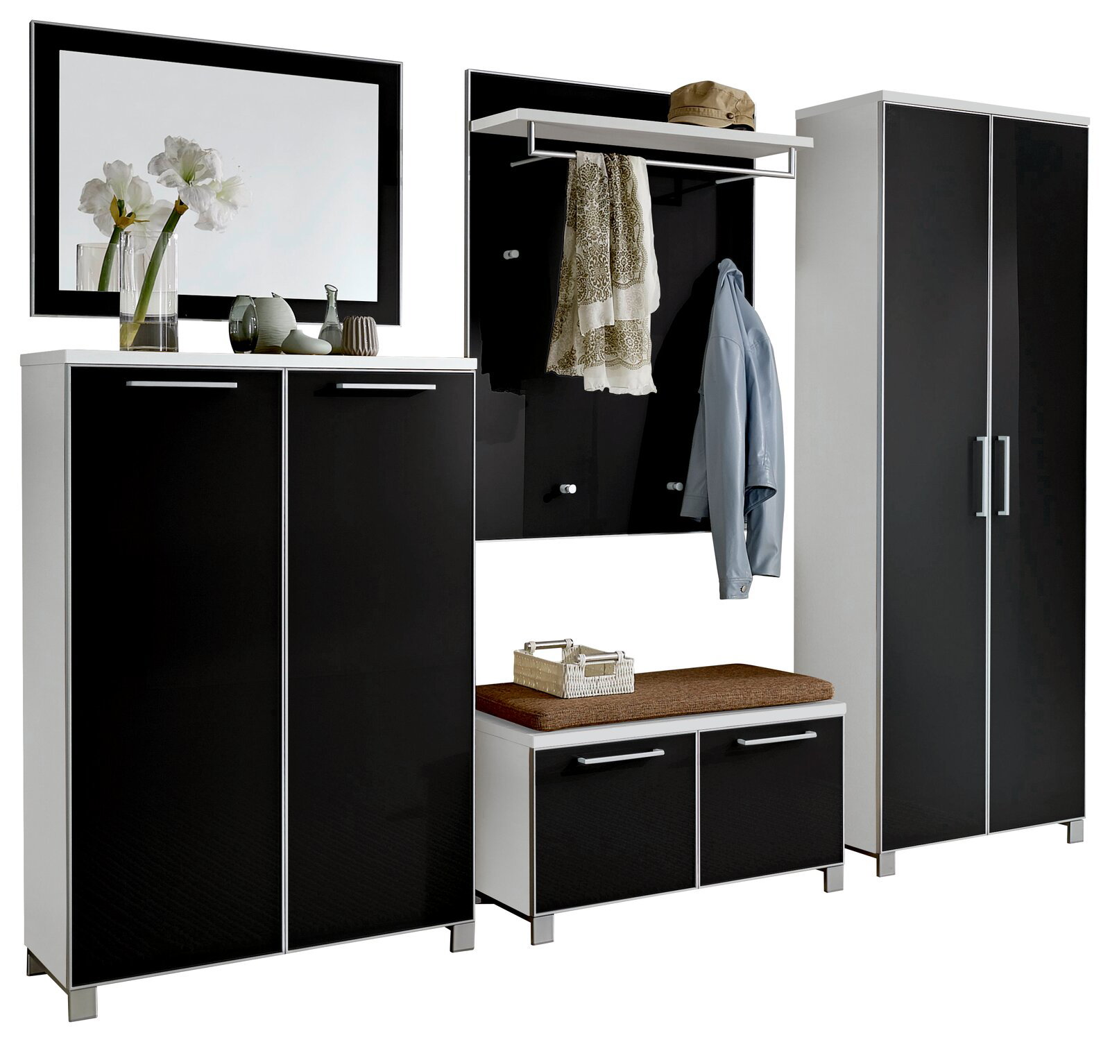 Modernes Garderoben-Set in Schwarz und Weiß, bestehend aus mehreren Schränken und einer Sitzbank, frontal abgebildet.
