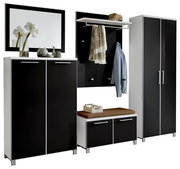 Modernes Garderoben-Set in Schwarz und Weiß, bestehend aus mehreren Schränken und einer Sitzbank, frontal abgebildet.