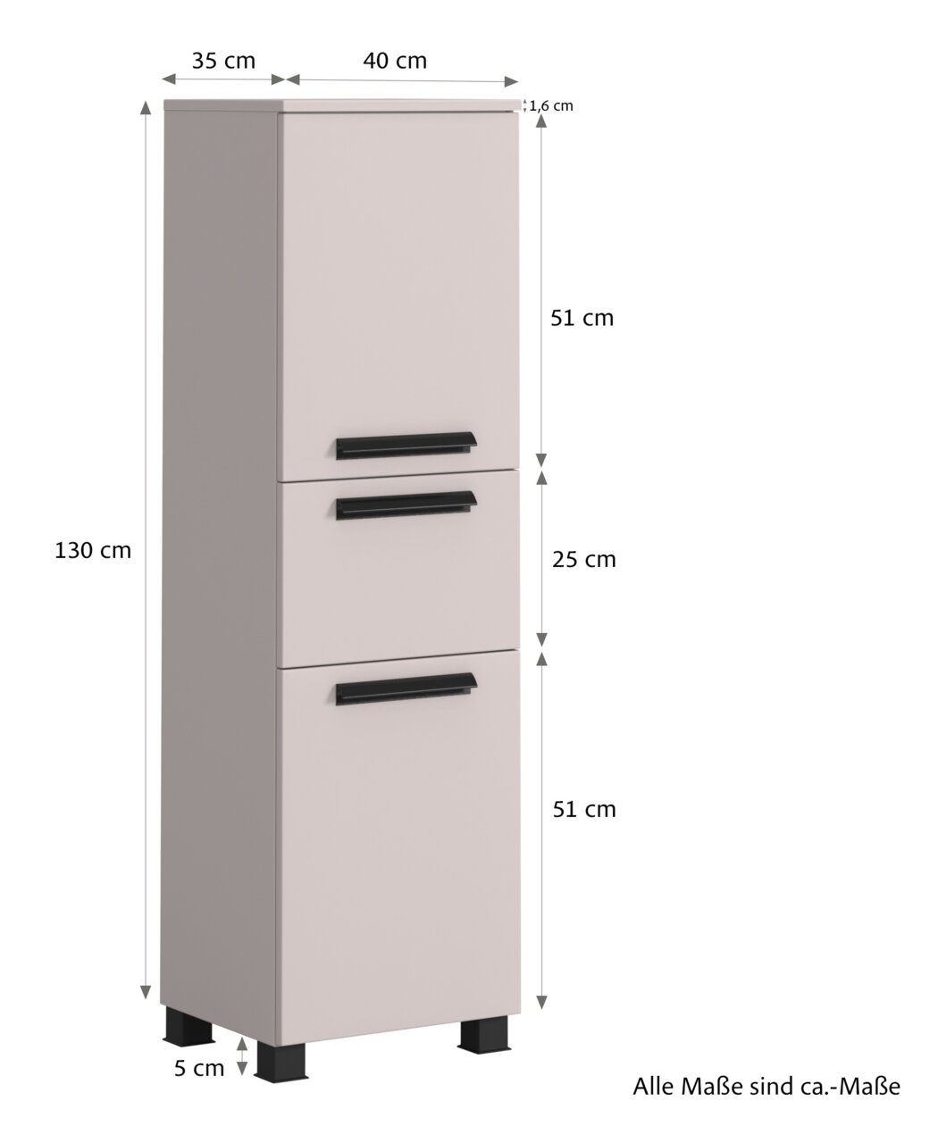 Middelhoge kast in zijaanzicht met drie lades, 130 cm hoog, 40 cm breed en 35 cm diep, met zwarte handgrepen en poten.