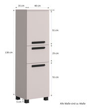 Midischrank in seitlicher Perspektive mit drei Schubladen, 130 cm hoch, 40 cm breit und 35 cm tief, mit schwarzen Griffen und Füßen.