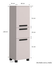 Midischrank in seitlicher Perspektive mit drei Schubladen, 130 cm hoch, 40 cm breit und 35 cm tief, mit schwarzen Griffen und Füßen.