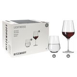 Rotweinset Lichtweiss Aurelie mit 6 Rotweingläsern und 6 Wassergläsern, seitliche Perspektive auf die Verpackung und Gläser.
