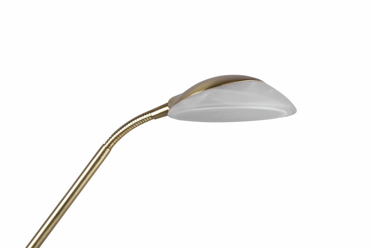 Close-up van een led-schijnwerper met flexibele arm en een modern ontwerp in goudkleurige afwerking.