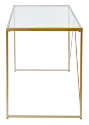 Moderner Schreibtisch mit Glasplatte und goldfarbenem Metallrahmen, frontal betrachtet.