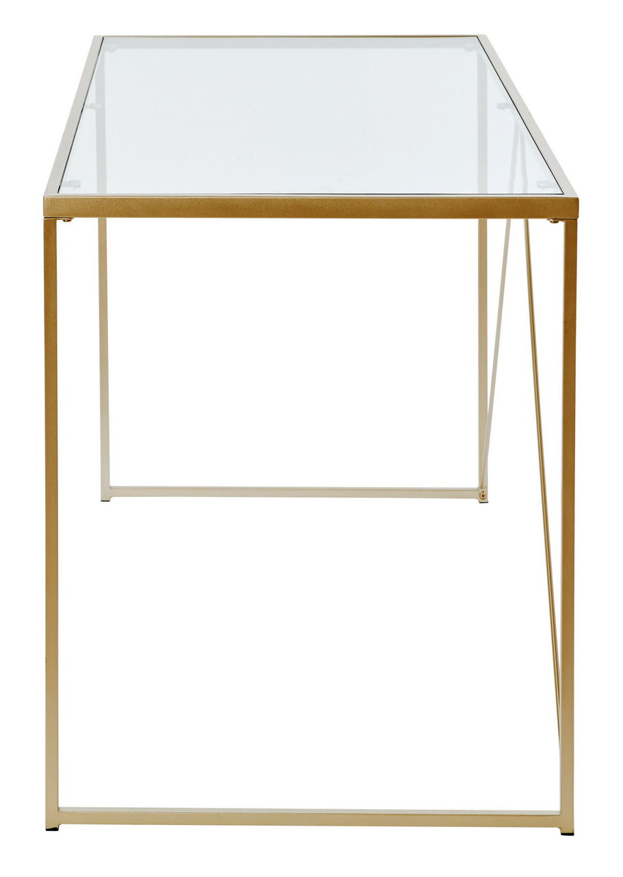 Moderner Schreibtisch mit Glasplatte und goldfarbenem Metallrahmen, frontal betrachtet.