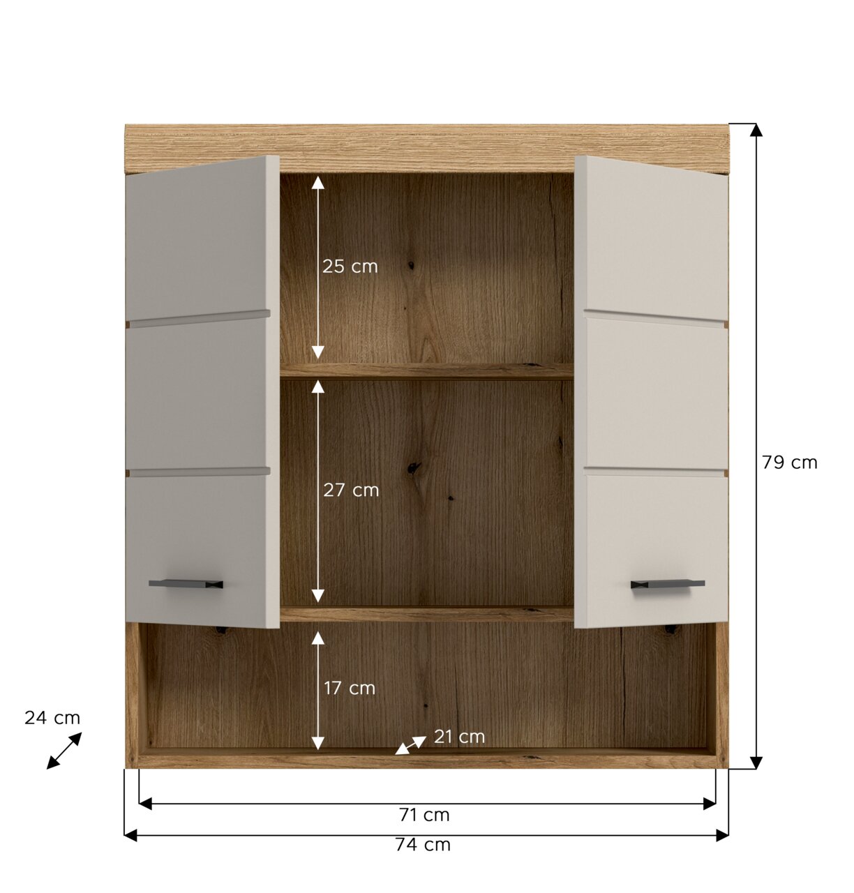 Wandhängender Hängeschrank in Holzoptik mit zwei weißen Türen und offenen Fächern, Frontansicht mit Maßangaben (B ca. 74 cm, H ca. 79 cm, T ca. 24 cm).
