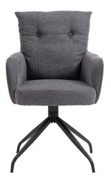 Grauer Sessel mit gepolsterter Rückenlehne und schwarzen Metallbeinen, Frontalansicht