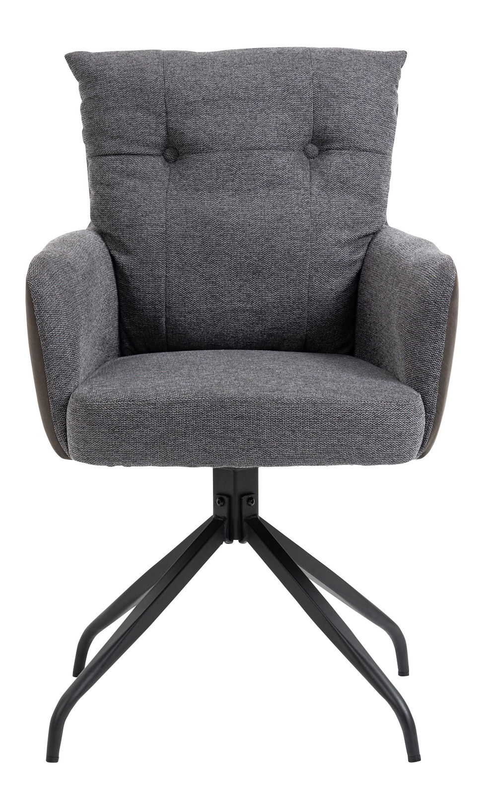Grauer Sessel mit gepolsterter Rückenlehne und schwarzen Metallbeinen, Frontalansicht