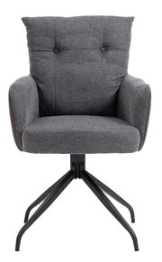 Grauer Sessel mit gepolsterter Rückenlehne und schwarzen Metallbeinen, Frontalansicht