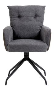 Grauer Sessel mit gepolsterter Rückenlehne und schwarzen Metallbeinen, Frontalansicht