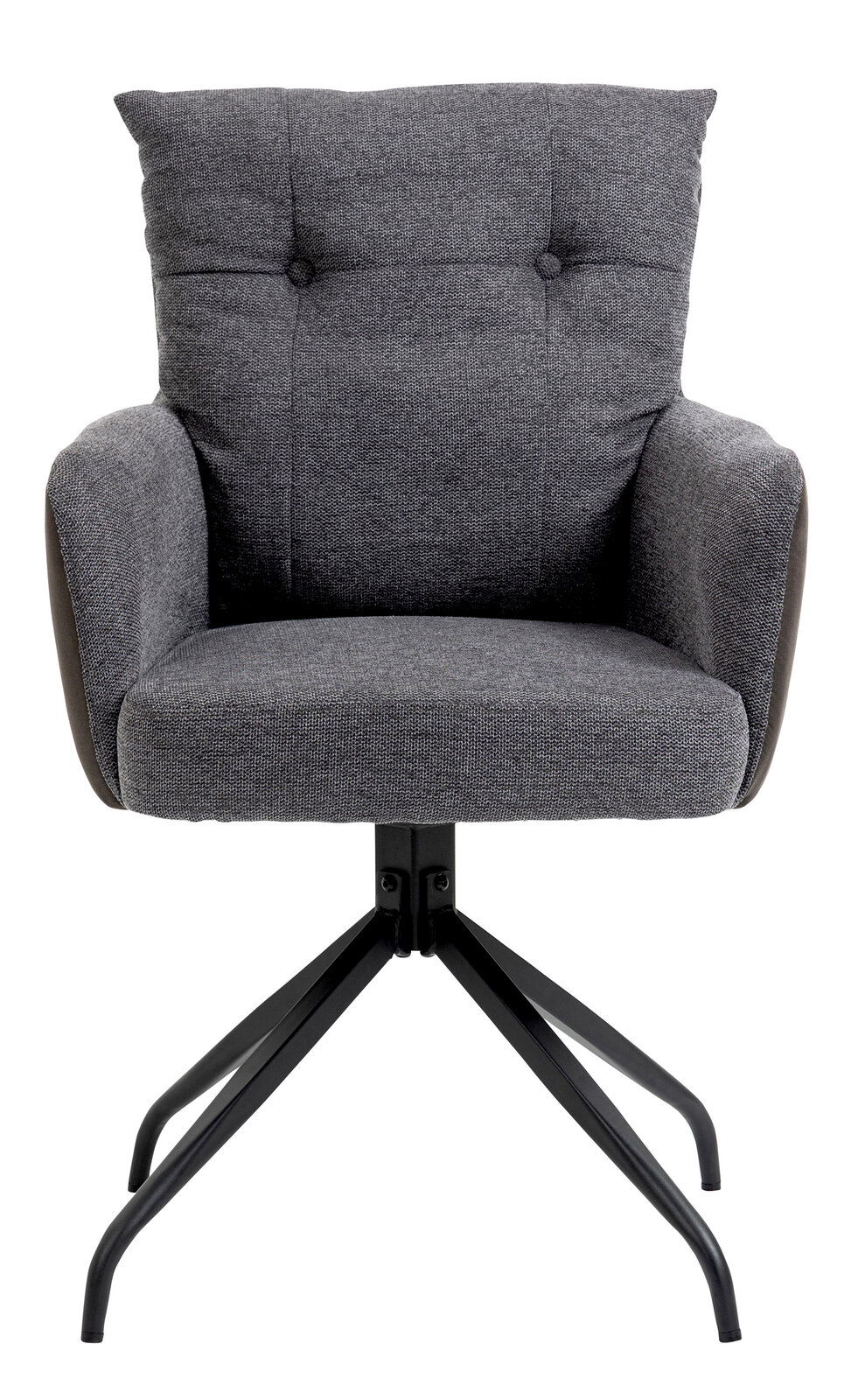 Grauer Sessel mit gepolsterter Rückenlehne und schwarzen Metallbeinen, Frontalansicht