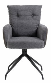 Grauer Sessel mit gepolsterter Rückenlehne und schwarzen Metallbeinen, Frontalansicht