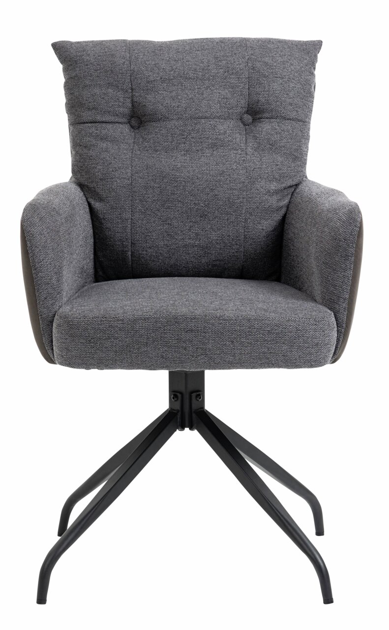 Grauer Sessel mit gepolsterter Rückenlehne und schwarzen Metallbeinen, Frontalansicht