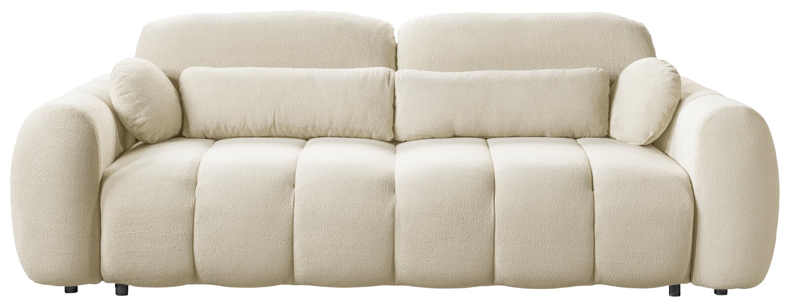 Beiges, gepolstertes 3-Sitzer-Sofa mit weichem Bouclé-/Teddy-Stoff, breiten Armlehnen und großen Rückenkissen, Frontansicht auf weißem Hintergrund
