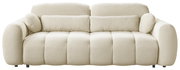 Beiges, gepolstertes 3-Sitzer-Sofa mit weichem Bouclé-/Teddy-Stoff, breiten Armlehnen und großen Rückenkissen, Frontansicht auf weißem Hintergrund